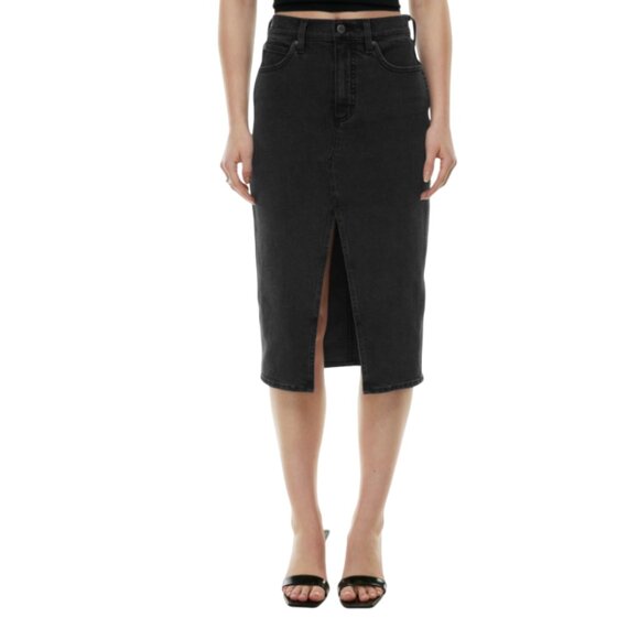Denim Forum the 90's Halle Denim Midi Skirt Womens 25 Black Front Slit Aritzia - Picture 1 of 13